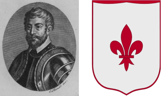 Ruggero Flores in una stampa ottocentesca, a dx l'emblema dei Flor