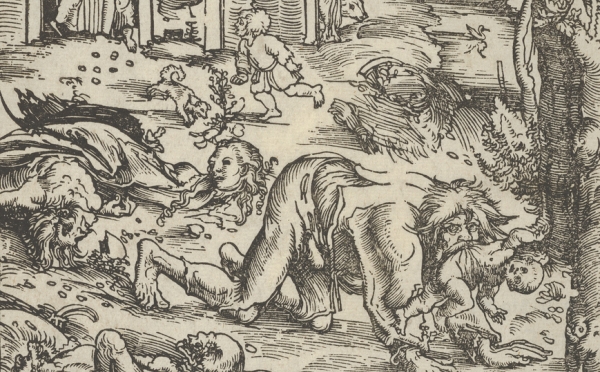 Particolare de <em>Lupo mannaro</em> di Lucas Cranach il vecchio, 1512 circa, incisione, Gotha, Herzogliches Museum. (da Wikipedia)
