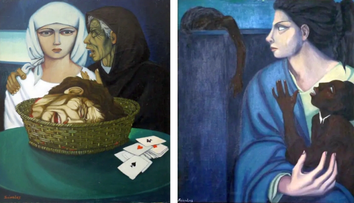 Opere di Armando Scivales. (sx) <em>Seduzione</em>, 1989 - dx <em>La differenza è nel colore</em>, 1973