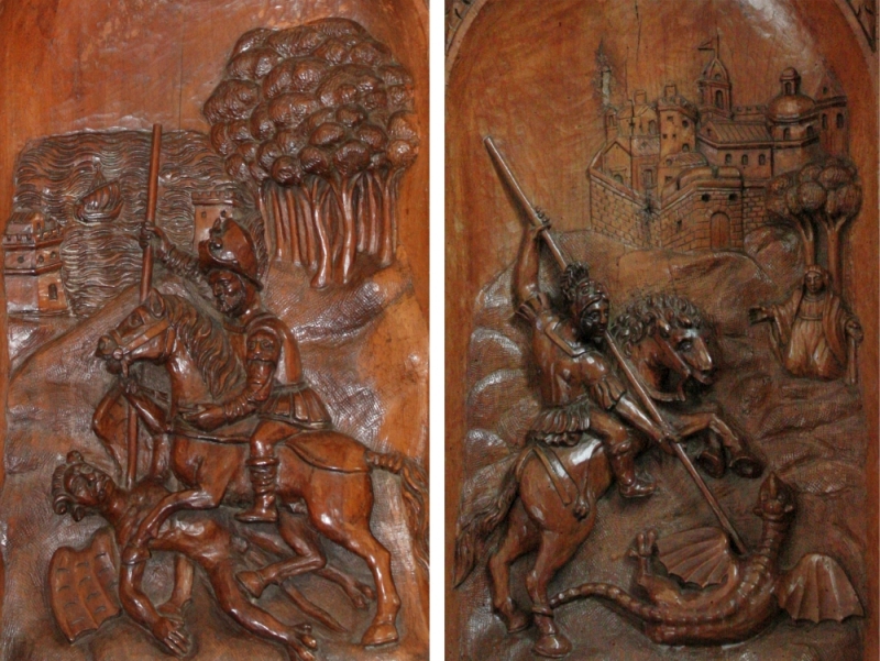 Brindisi. Basilica Cattedrale. Coro dei Canonici, pannelli d san Teodoro e san Giorgio