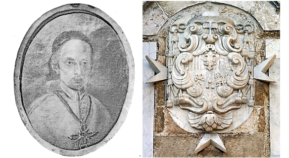 sx: L'Arcivescovo Paolo de Villana Perlas; dx: lo stemma dei Perlas sul Palazzo del Seminario