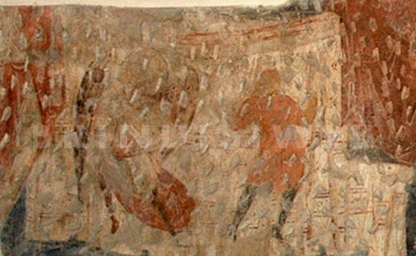 Chiesa superiore di S. Lucia. Affresco della Dormitio Virginis (particolare): a sinistra l'angelo in volo, a destra l'ebreo Ruben disposti in basso al catafalco della Vergine, dal quale ricadono i panneggi del lenzuolo