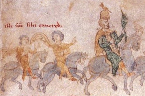 Ruggero, in posizione centrale, con il padre Tancredi (a destra) e il fratello Guglielmo in una miniatura del <em>Liber ad honorem Augusti</em> (da Wikipedia)