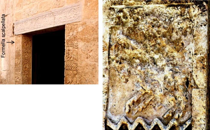 Figg. 1 e 2: Brindisi. San Giovanni al Sepolcro. Portale ovest. La formella scalpellata.