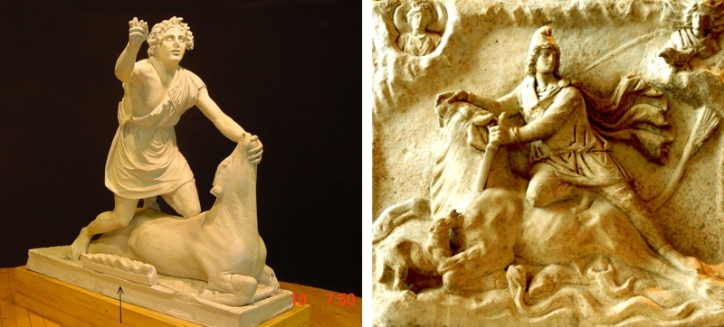 Fig. 6: Roma. Ostia antica. Museo Ostiense. Gruppo del Mitra tauroctono. (dx) Fig. 7: Parigi. Louvre. Bassorilievo mitraico.