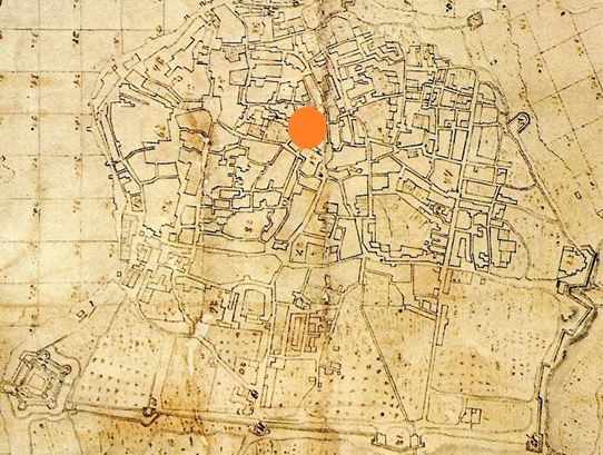 Fig.5: Mappa spagnola della città di Brindisi (1739). Il punto indica il luogo dove sorgeva la chiesa ed il convento della Maddalena
