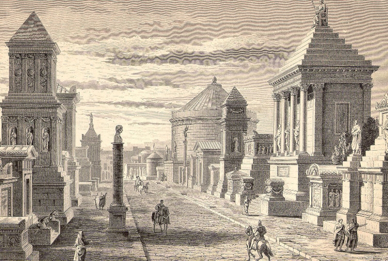 Come doveva apparire la Via Appia in uno dei suoi momenti di massimo splendore, ricostruzione tratta dalla Pierers Universal-Lexikon, 1891 - da Wikipedia