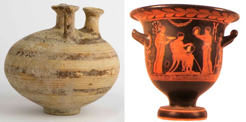 Brindisi, Museo Collezione Archeologica Faldetta. sx: Giara a staffa. Ceramica micenea; dx: Cratere a campana a figure rosse. Ceramica italiota, il reperto più importante della Collezione