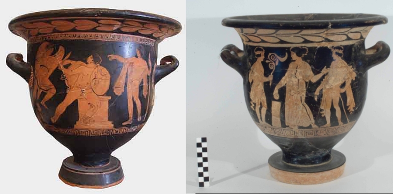 Brindisi, Museo Collezione Archeologica Faldetta. sx: Cratere con scena dell'Orestea di Eschilo; dx: Cratere di produzione lucana