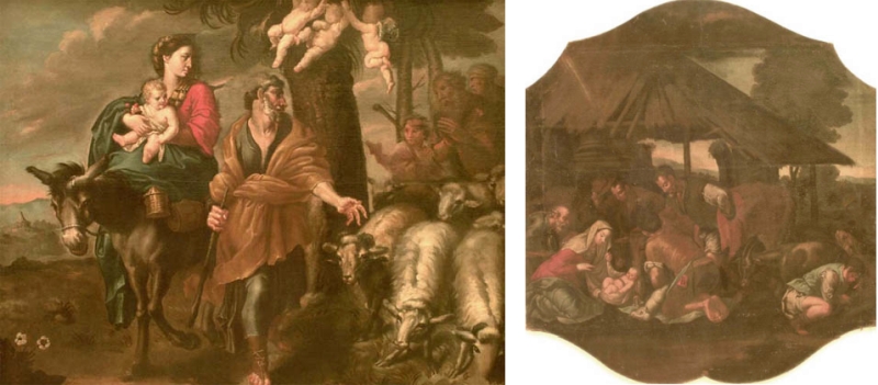 sx: La fuga in Egitto; dx: L'Adorazione dei pastori