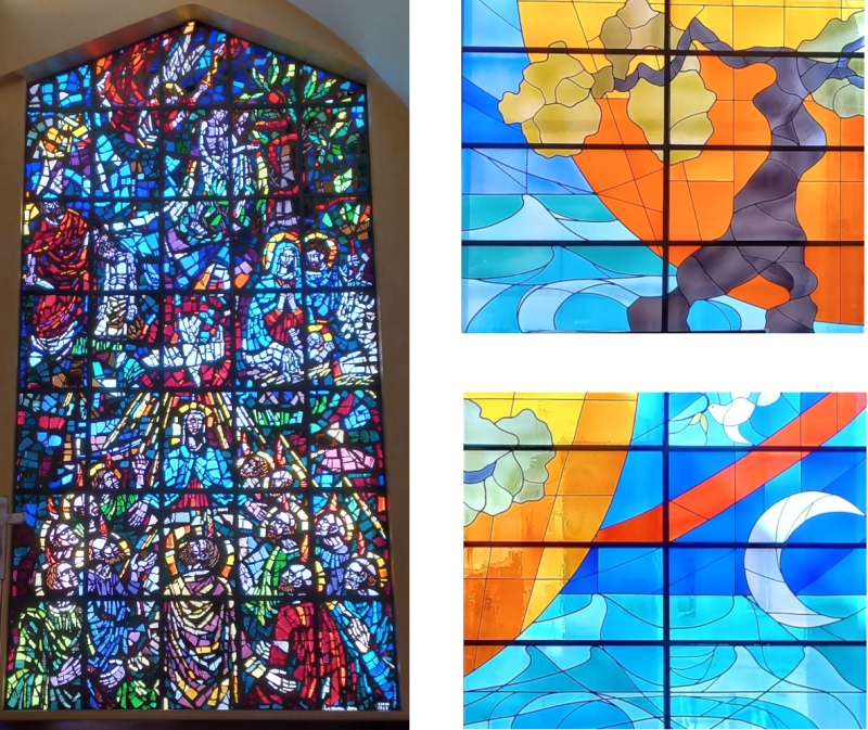 Chiesa di San Vito Martire. Interno. Le vetrate artistiche: a sx della salvezza, a dx in alto dell'ulivo, a dx in basso della luna