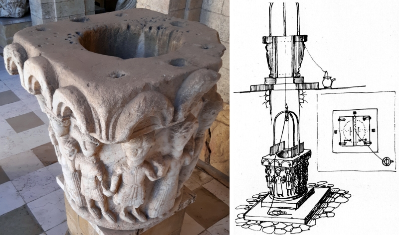 Brindisi. Museo Archeologico. Il Capitello della Danza, divenuto vera di pozzo, visto dall'alto; a dx la ricostruzione della vera di pozzo con il disegno di Eugenio Rubini