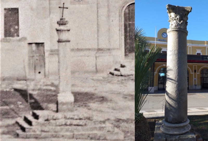 sx: Oria. La colonna dell'Osanna, archivio Marco Greco; a dx: la colonna a Brindisi in piazza Crispi