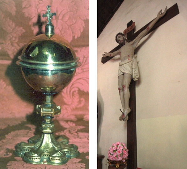 Brindisi, Chiesa di S. Lucia. (Sx) il Crocifisso ligneo; a  dx: Mesagne, Chiesa SS.Annunziata, Pissine in argento, entrambi provenienti dall'abbazia di S. Maria del Ponte