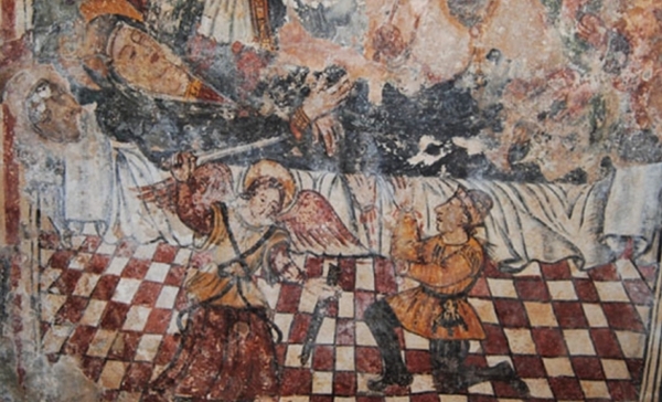 Tricase, Lecce. Cripta del Gonfalone. Particolare della Dormitio Virginis