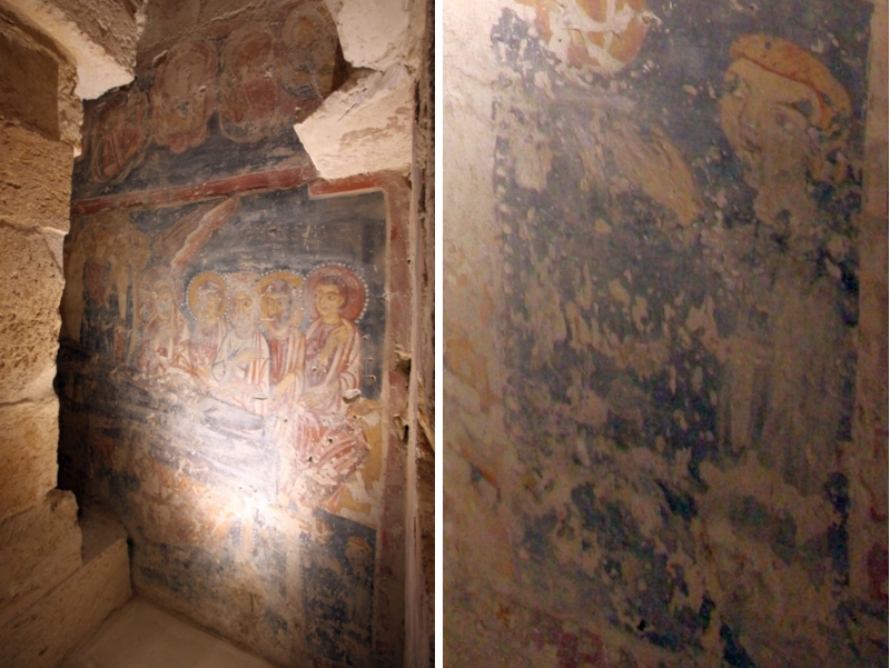 La Dormitio Virginis venuta alla luce nella chiesa di san Paolo in Brindisi. A dx il particolare del personaggio in basso