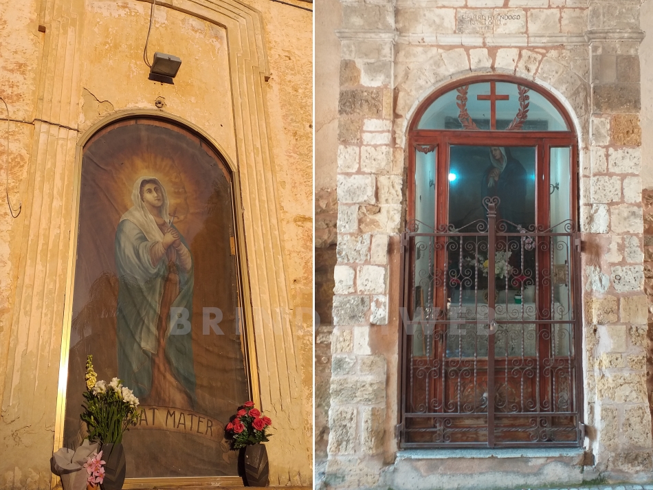Brindisi. Da sx: edicola della Madonna Addolorata in via Trieste, a dx la nicchia di Porta Lecce datata 1617 con all'interno la Madonna Desolata o del Buon Passaggio.
