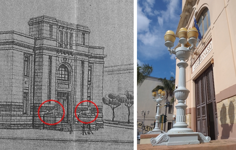 Brindisi. Liceo Ginnasio, sede di Corso Roma. sx: il progetto della facciata principale con le sfingi scultoree; dx: i lampioni sull'ingresso principale