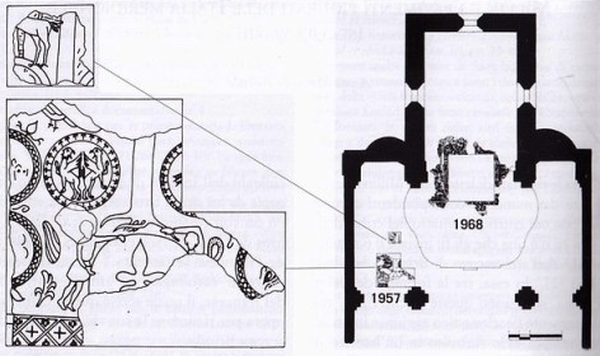 Ricostruzione della pavimentazione musiva del Duomo con i frammenti recuperati nel 1957 e nel 1968. Da G. Carito - S. Barone, 1981