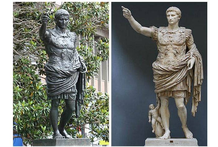 Brindisi. Piazza del Popolo. Statua di Ottaviano Augusto. a dx, la tatua di Augusto custodita nei Musei Vaticani - ph. Till Niermann