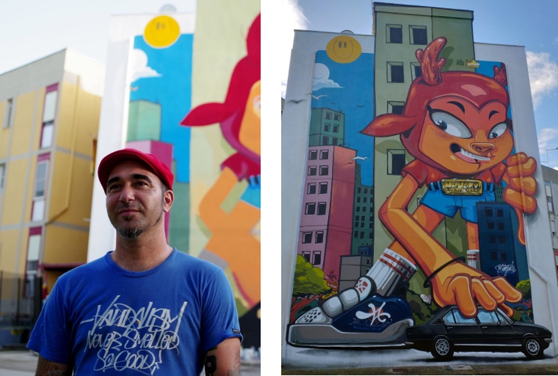 Brindisi. Rione Paradiso. Mr. Wany  e a dx il suo murales