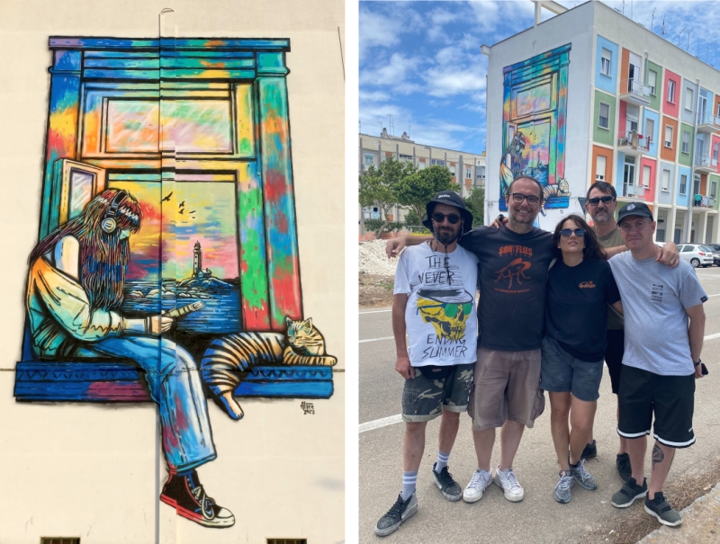 Brindisi. Rione Paradiso. sx: il murales di Alice Pasquini; dx: Bruno, artista e collaboratore di Alice, Ennio Ciotta, Alice Pasquini, Daniele Guadalupi e Fabio Zorlak, il dj e anima musicale del progetto