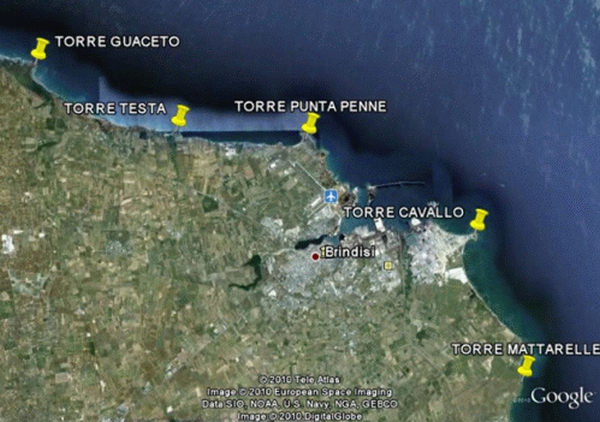 Disposizione delle torri costiere sul litorale brindisino