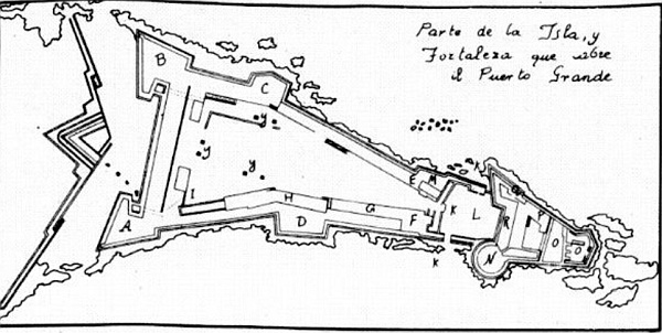 Il castello e il forte sulla mappa spagnola del 1739(1): A. Baluardo di Tramontana - B. Baluardo dell'Intavolata - C. Batteria di Santa Maria - D. Batteria di San Pietro - E. Chiesa del Forte - F. Abitazione del Governatore - G. Quartieri della truppa - H. Postazioni d'artiglieria - I. Cisterne - J. Porta e porto dell'Isola - K. Entrata principale del castello - L. Il porto - M. Comunicazione del Forte col castello - N. Torrione San Filippo - O. Cavaliere - P. Chiesa del castello - Q. Polveriera - R. Quartieri dei soldati