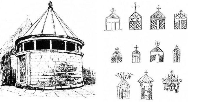(sx) Il Santo Sepolcro nel duomo di Aquileia (da Tavano) - (dx) L'edicola nel Santo Sepolcro di Gerusalemme secondo le rappresentazioni figurate sulle ampolle palestinesi dei pellegrini (da Barag e Wilkinson)