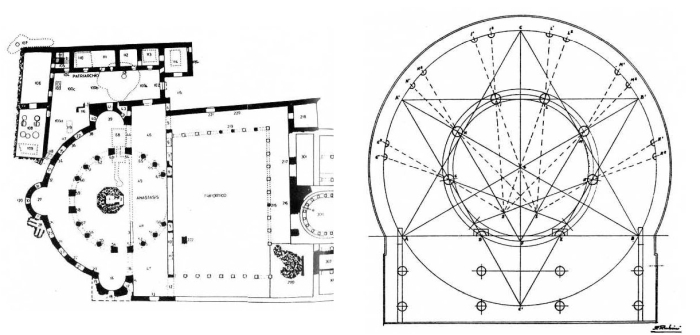 (sx) Il complesso degli edifici costantiniani al Santo Sepolcro di Gerusalemme (da Corbo) - (dx) Brindisi. San Giovanni al Sepolcro: ipotesi planimetrica del primo impianto (da Jurlaro)