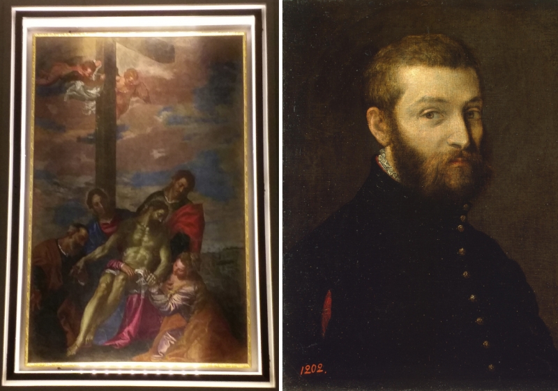 sx: la pala della Deposizione nella chiesa della SS. Annunziata in Ostuni. dx: Paolo Caliari detto il Veronese, autoritratto. Museo dell'Ermitage San Pietroburgo