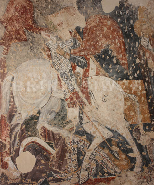 Tempio di San Giovanni al Sepolcro. Affresco di San Giorgio a cavallo mentre trafigge il drago