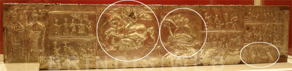 Brindisi. Museo Diocesano "G. Tarantini". Arca di San Teodoro. Cerchiate le tre immagini del cavaliere nell'atto di trafiggere il drago