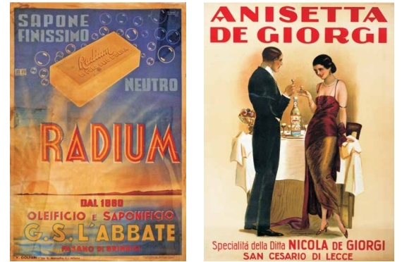 (sx) Manifesto pubblicitario del sapone ‘Radium’ del saponificio ‘G. S. L’Abbate’ (III.17); (dx) Manifesto di Luigi Bompard per l’‘Anisetta De Giorgi’ 1923 ca. (III.41)