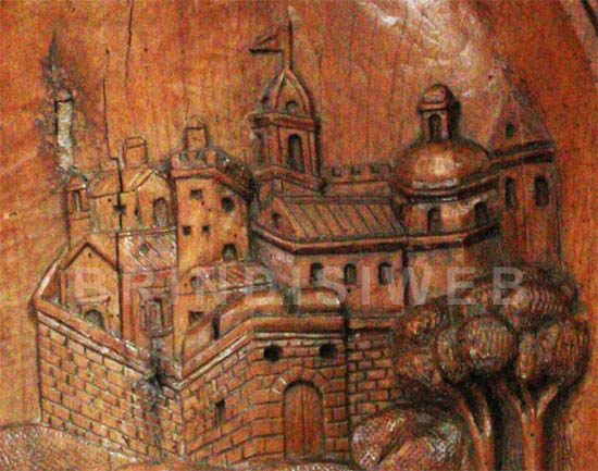 Cattedrale di Brindisi. Coro ligneo. Particolare del pannello dedicato a San Giorgio con Brindisi di fine XVI secolo