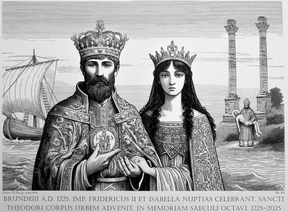 Immagine celebrativa per gli 800 anni delle nozze di Federico II con Isabella di Brienne, realizzata da Teodoro De Giorgio per il Centro Studi Teodoriani di Brindisi