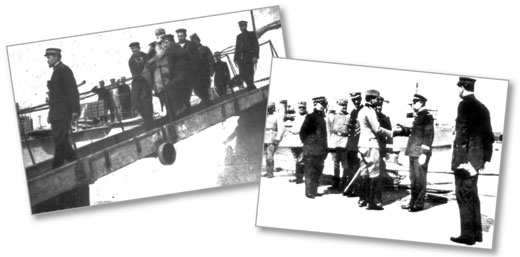Sx: Il vecchio e malato generale Serbo Putnich viene trasportato a terra. Dx: Il principe Alessandro di Serbia incontra le autorità militari subito dopo il suo arrivo a Brindisi. Foto tratte dal libro "Il Novecento" di Lionello Maci (Archivio "Briamo" in BAD Brindisi)