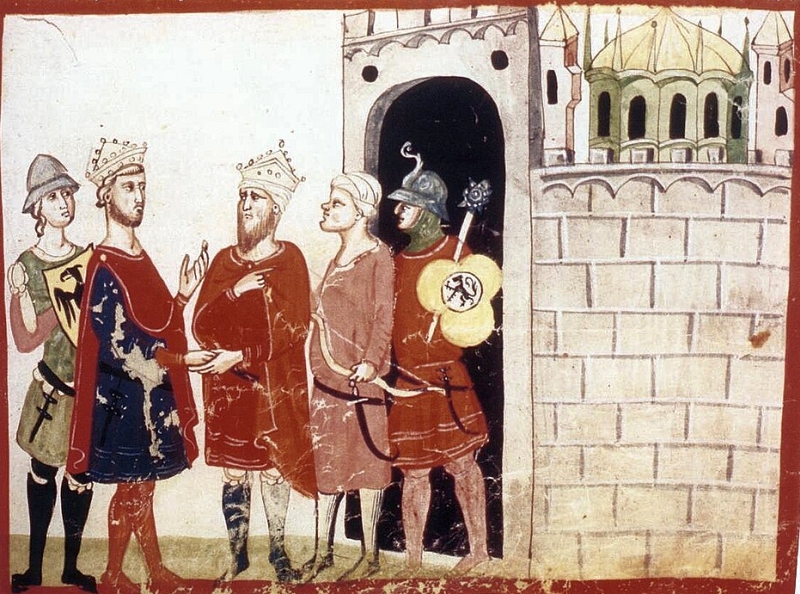 Federico II incontra il sultano al-Kamil, (miniatura per la "Nova Cronica" figurata di Giovanni Villani, 1348)