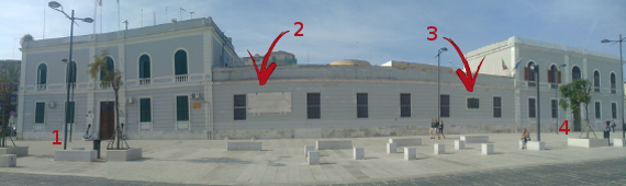 Brindisi, lungomare Regina Margherita: 1. Capitaneria di Porto; 2. Targa salvataggio esercito sebo; 3. Targa Croce meriti di guerra; 4. Ufficio delle Dogane