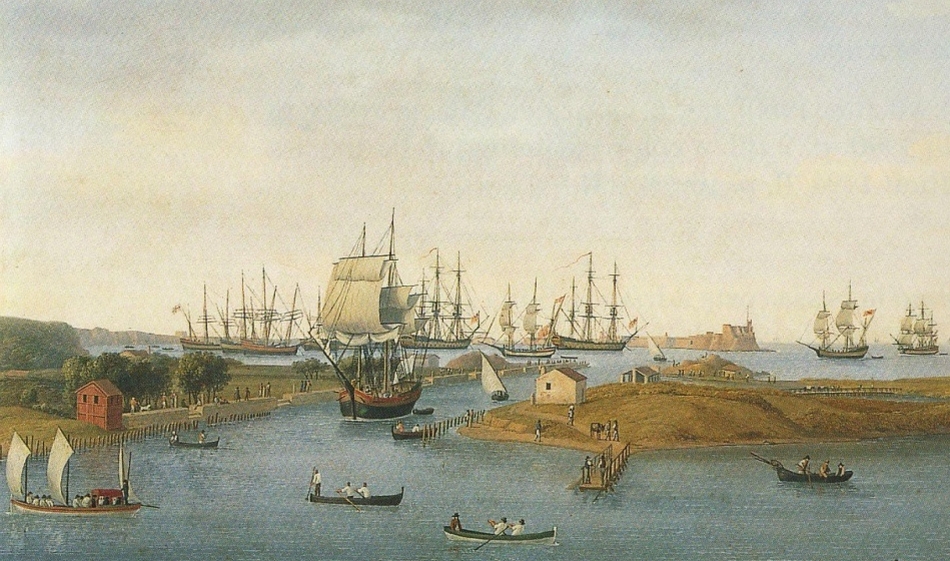Jacob Philipp Hackert. Baja e Porto di Brindisi. 1789. Particolare delle navi ormeggiate nel porto medio, oltre il canale borbonico