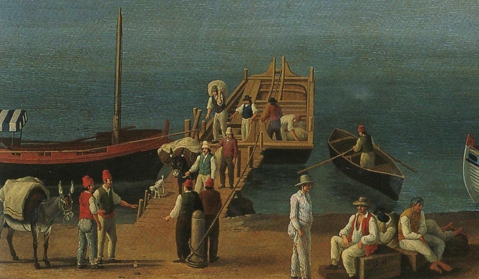 Jacob Philipp Hackert. Baja e Porto di Brindisi. 1789. Particolare dei portuali, marinai e gente comune nei costumi dell’epoca mentre lavorano, discutono o si riposano