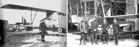 A sx: 1918: Orazio Pierozzi col suo Macchi 55 - a dx: Maddalena (primo a sinistra) e De Pinedo (terzo)