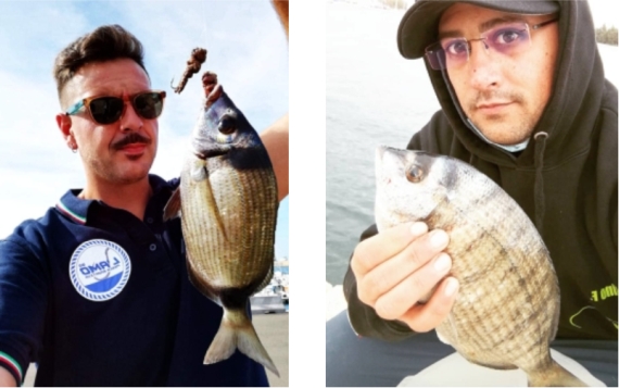 a sx: Cosimo Verardi con il Sarago fasciato o testa nera - a dx: Francesco Destino con il Sarago Pizzuto