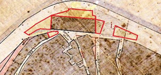 Piano regolatore della Città di Brindisi - 1883 - Dettaglio con le demolizioni in rosso