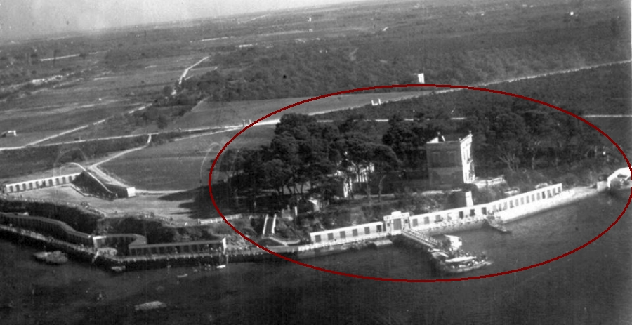 Veduta aerea di villa Skirmunt e della pineta negli anni Sessanta