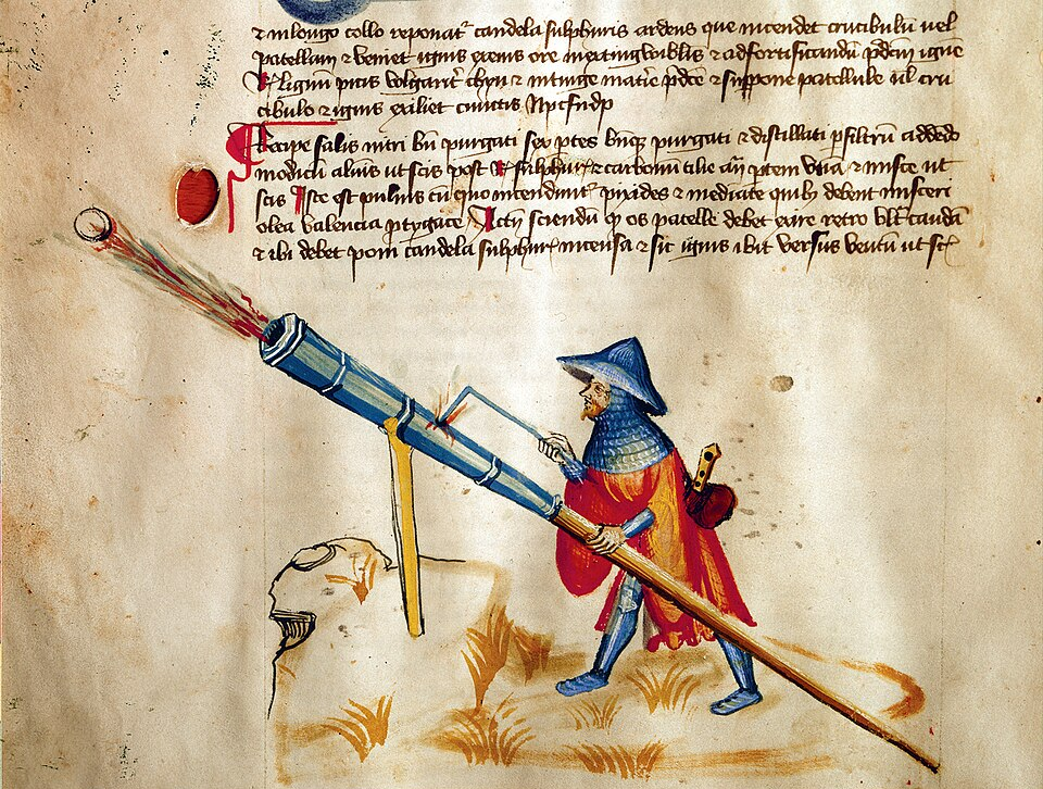 Schioppettiere dà fuoco alla miccia del suo schioppo - ill. di Konrad Kyeser (XIV-XV secolo)