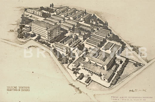 Roma 1956. Disegno della Stazione Sanitaria Marittima di Bocche di Puglia a Brindisi redatta dal prof. arch. Domenico Sandri (progetto non realizzato). ASBR, Genio Civile
