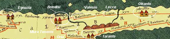 Tabula Peutingeriana, parte relativa alla Calabria ovvero la Puglia meridionale, con l'indicazione della località attuali