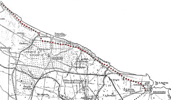 Il percorso della via Traiana da Egnazia a Brindisi (da G. Uggeri, <em>La viabilità romana nel Salento</em>, 1983)