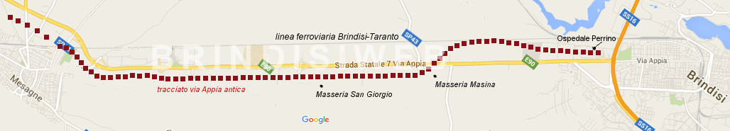Ricostruzione grafica del percorso ipotizzato della Via Appia tra Mesagne e Brindisi